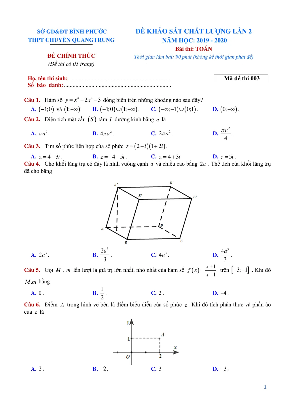 Xem trước trang 1 của "Đề Khảo Sát Chất Lượng Lần 2 - Toán 12 - Năm học 2019-2020 - Trường THPT Chuyên Quang Trung - Bình Phước"