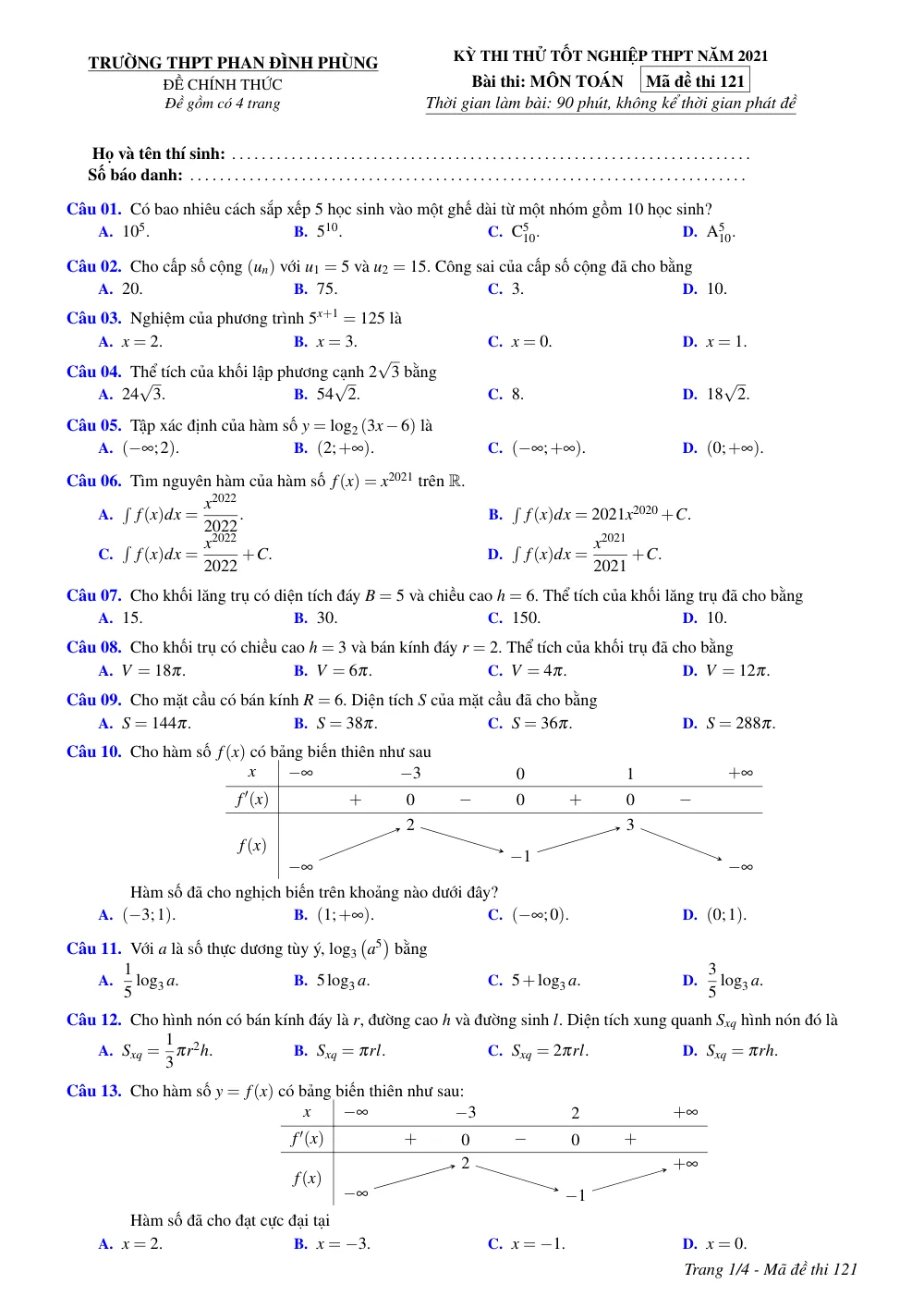 Xem trước trang 1 của "Đề thi thử Tốt nghiệp THPT 2021 - Trường THPT Phan Đình Phùng - Môn Toán - Lớp 12 - Quảng Bình"