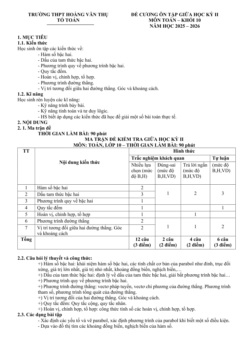 Xem trước trang 1 của "Đề cương Ôn tập Giữa Học kỳ II - Toán 10 - Năm học 2025-2026 - Trường THPT Hoàng Văn Thụ - Hà Nội"