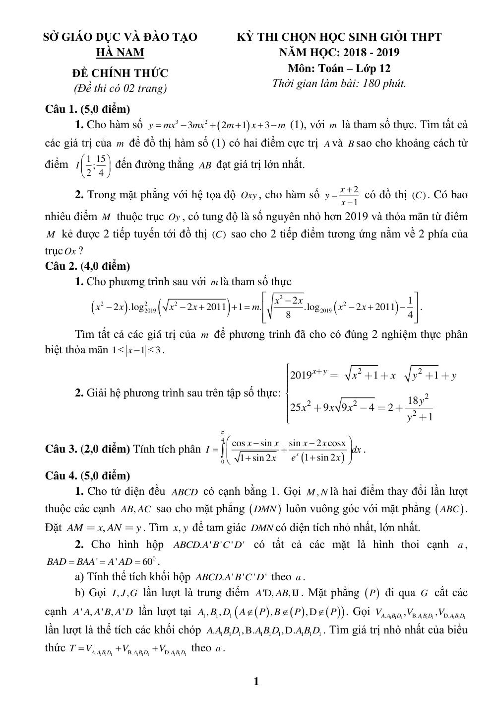 Xem trước trang 1 của "Đề thi Học sinh giỏi Toán 12 THPT - Năm học 2018-2019 - Sở GD&ĐT Hà Nam"