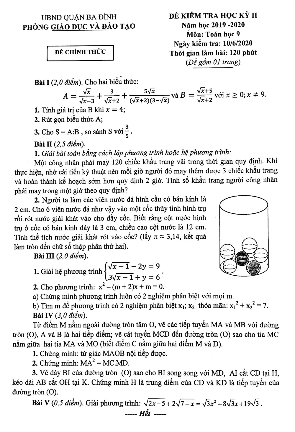 Xem trước trang 1 của "Đề thi học kỳ 2 Toán 9 - Năm học 2019-2020 - Phòng GDĐT Ba Đình - Hà Nội"