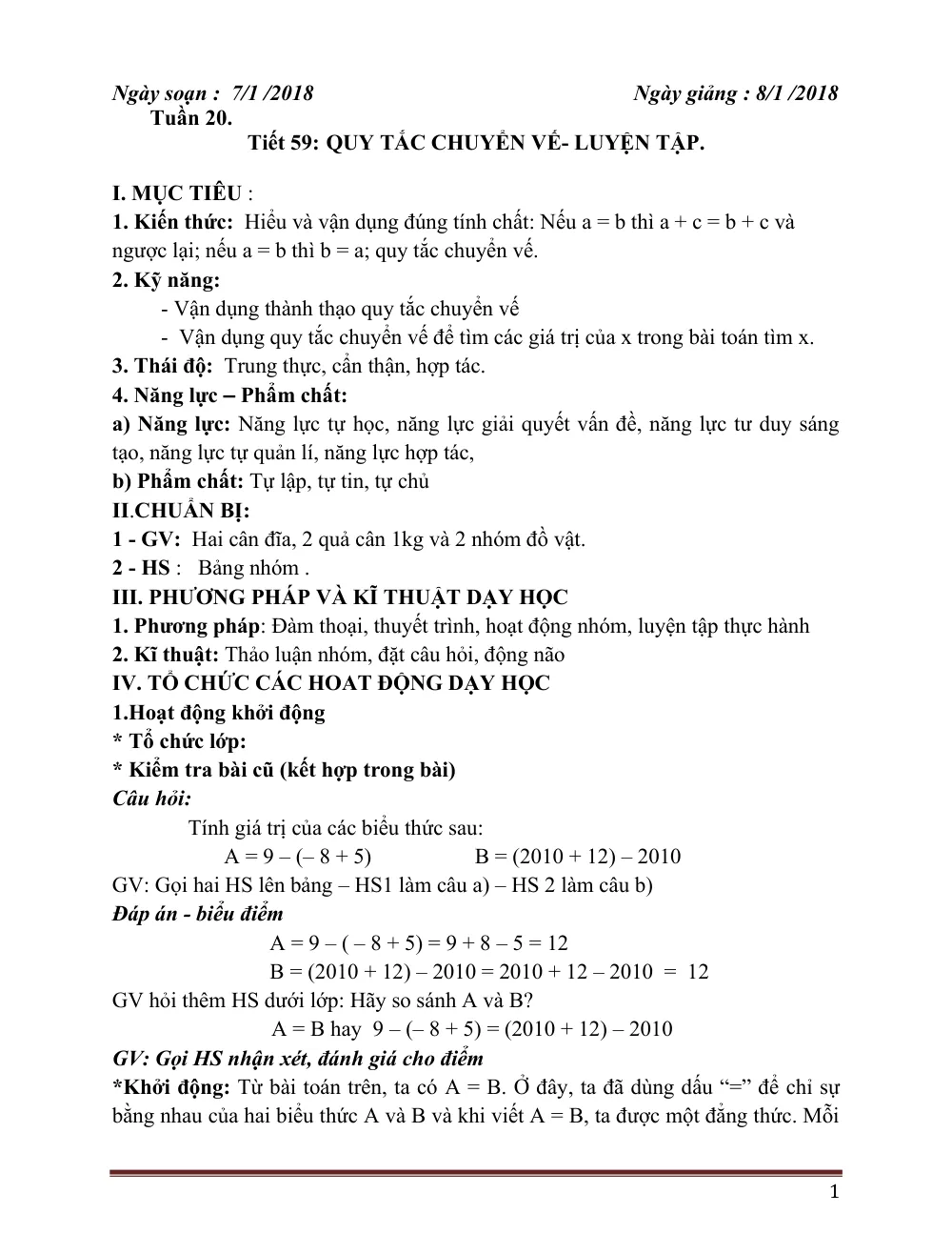 Xem trước trang 1 của "Học kỳ 2 - Toán 6 - Luyện tập - Quy tắc chuyển vế - 2018"