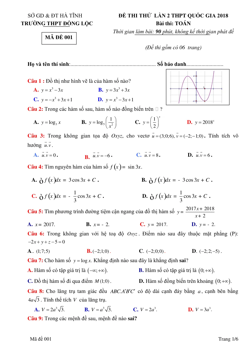 Xem trước trang 1 của "Đề Thi Thử THPT Quốc Gia 2018 - Môn Toán - Trường THPT Đồng Lộc - Lần 2 - Hà Tĩnh"