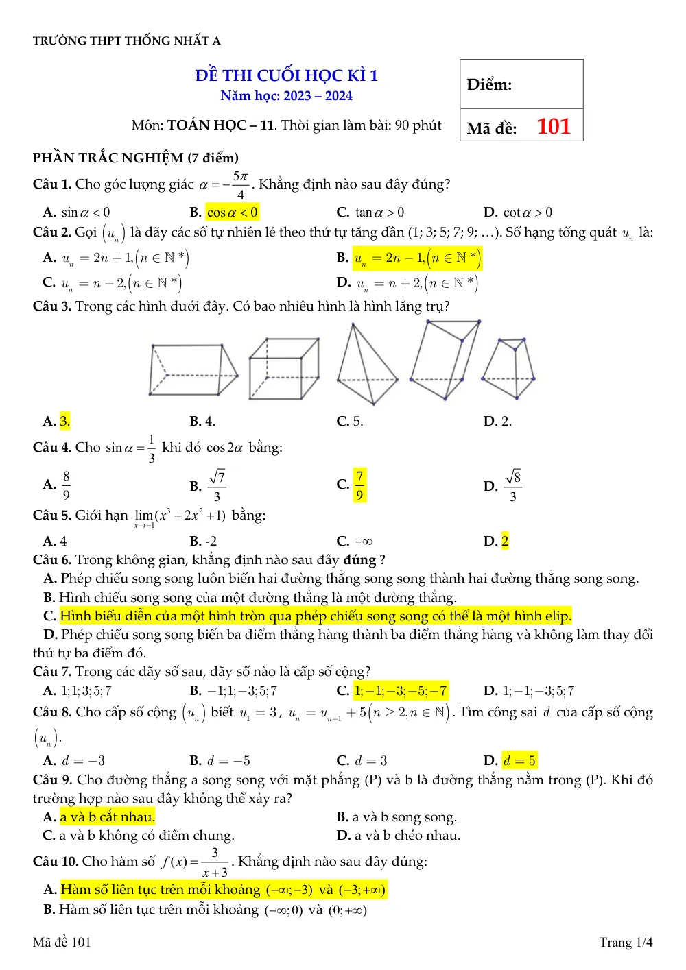 Xem trước trang 1 của "Đề thi cuối học kỳ 1 Toán 11 - Trường THPT Thống Nhất A - Năm học 2023-2024"