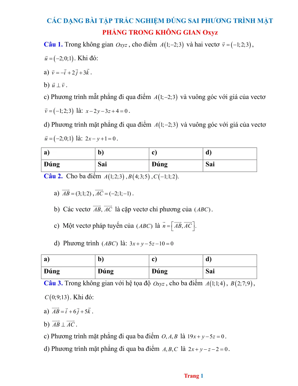 Xem trước trang 1 của "Các dạng bài tập trắc nghiệm Đúng Sai Phương trình mặt phẳng - (no province)"