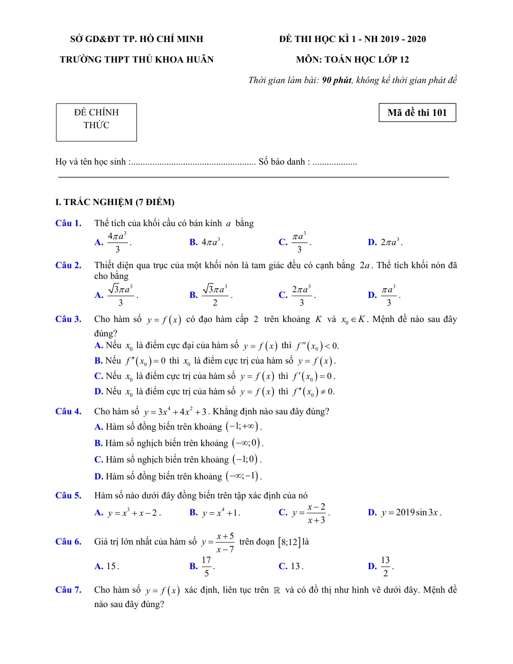 Xem trước trang 1 của "Đề thi Học kỳ 1 Toán 12 - Trường THPT Thủ Khoa Huân - TP. Hồ Chí Minh (2019-2020)"