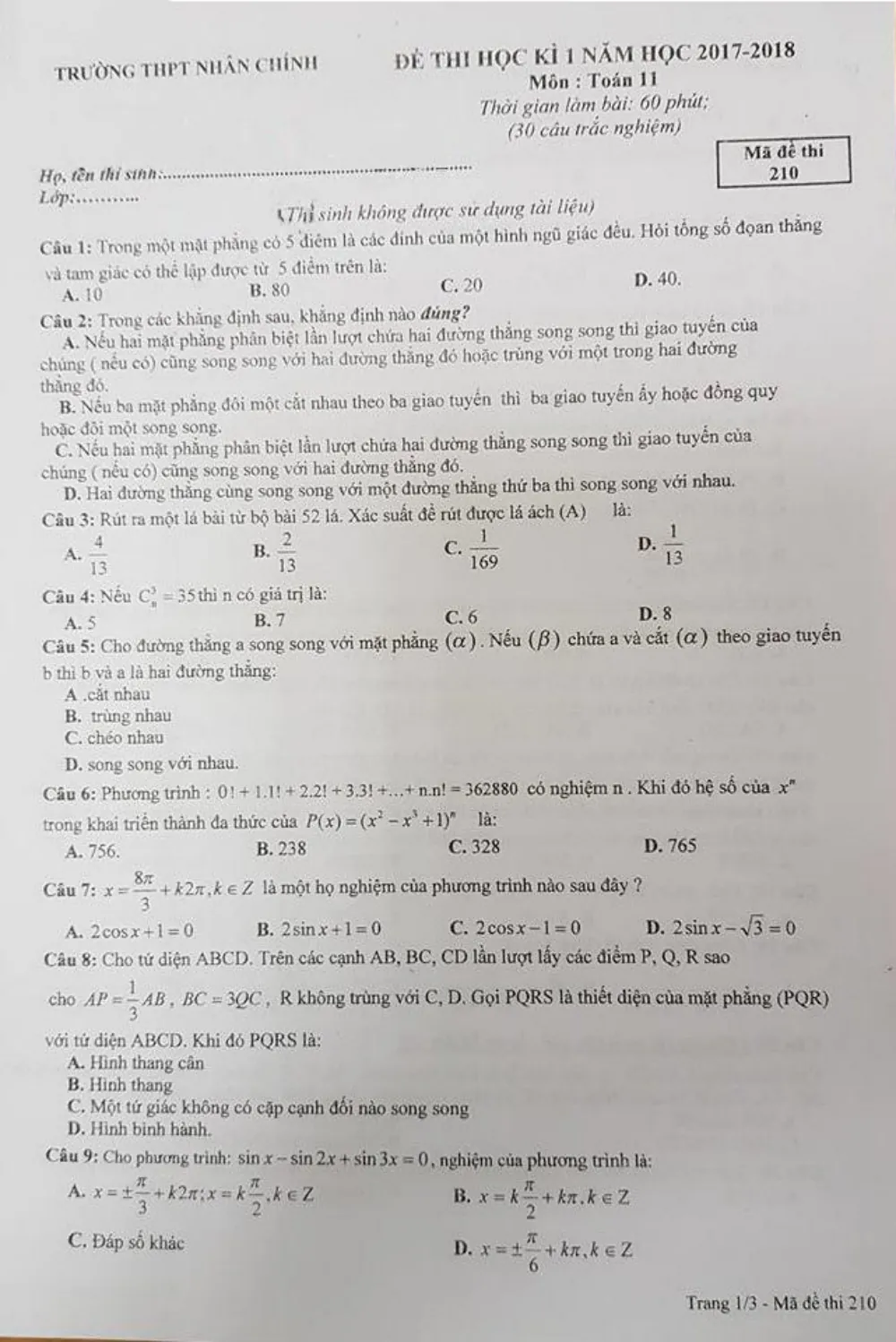 Xem trước trang 1 của "Đề Thi Học Kỳ 1 Toán 11 - Năm học 2017-2018 - Trường THPT Nhân Chính - Hà Nội"