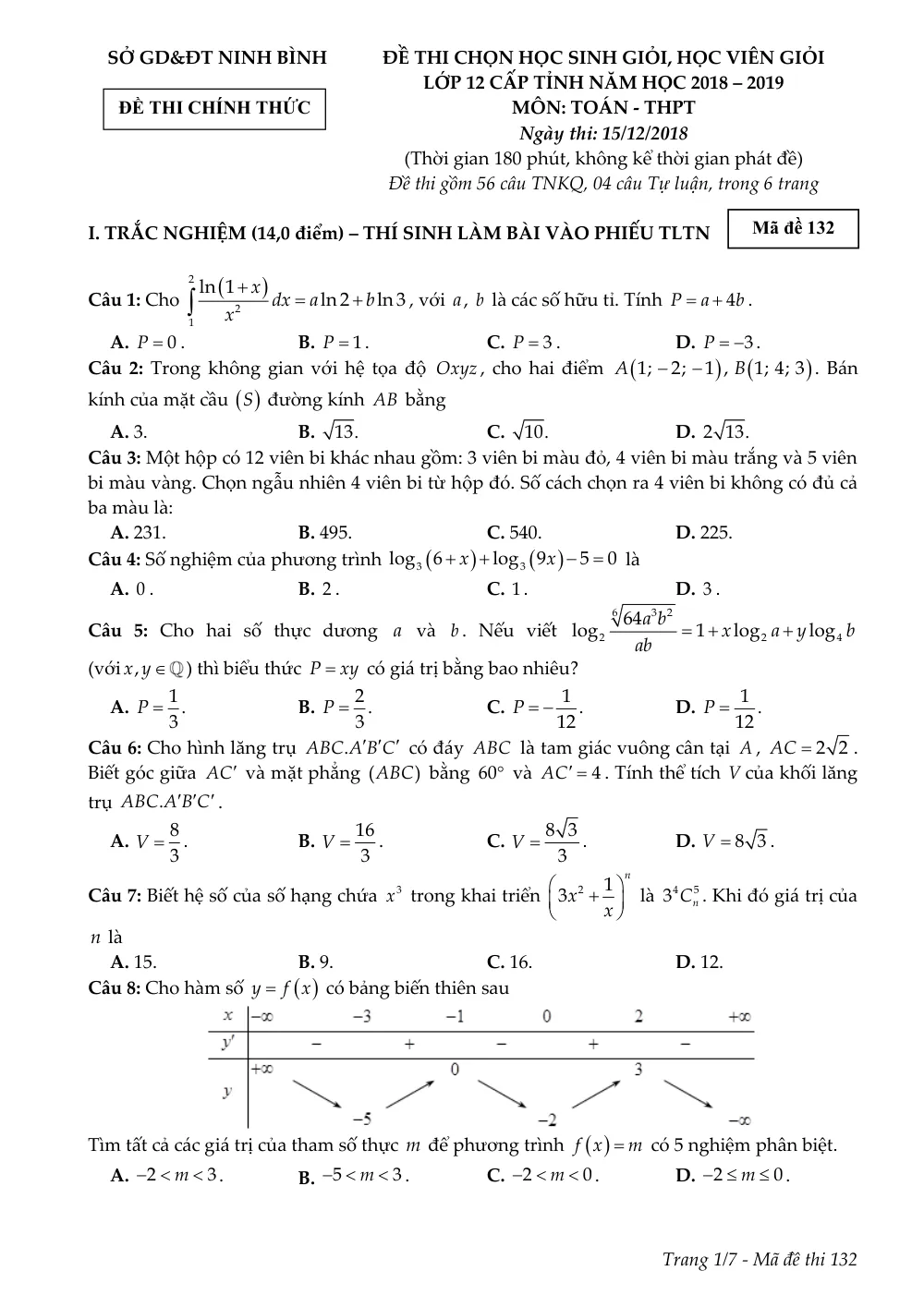 Xem trước trang 1 của "Đề thi Chọn HSG Toán 12 cấp Tỉnh - Năm học 2018-2019 - Sở GD&ĐT Ninh Bình"