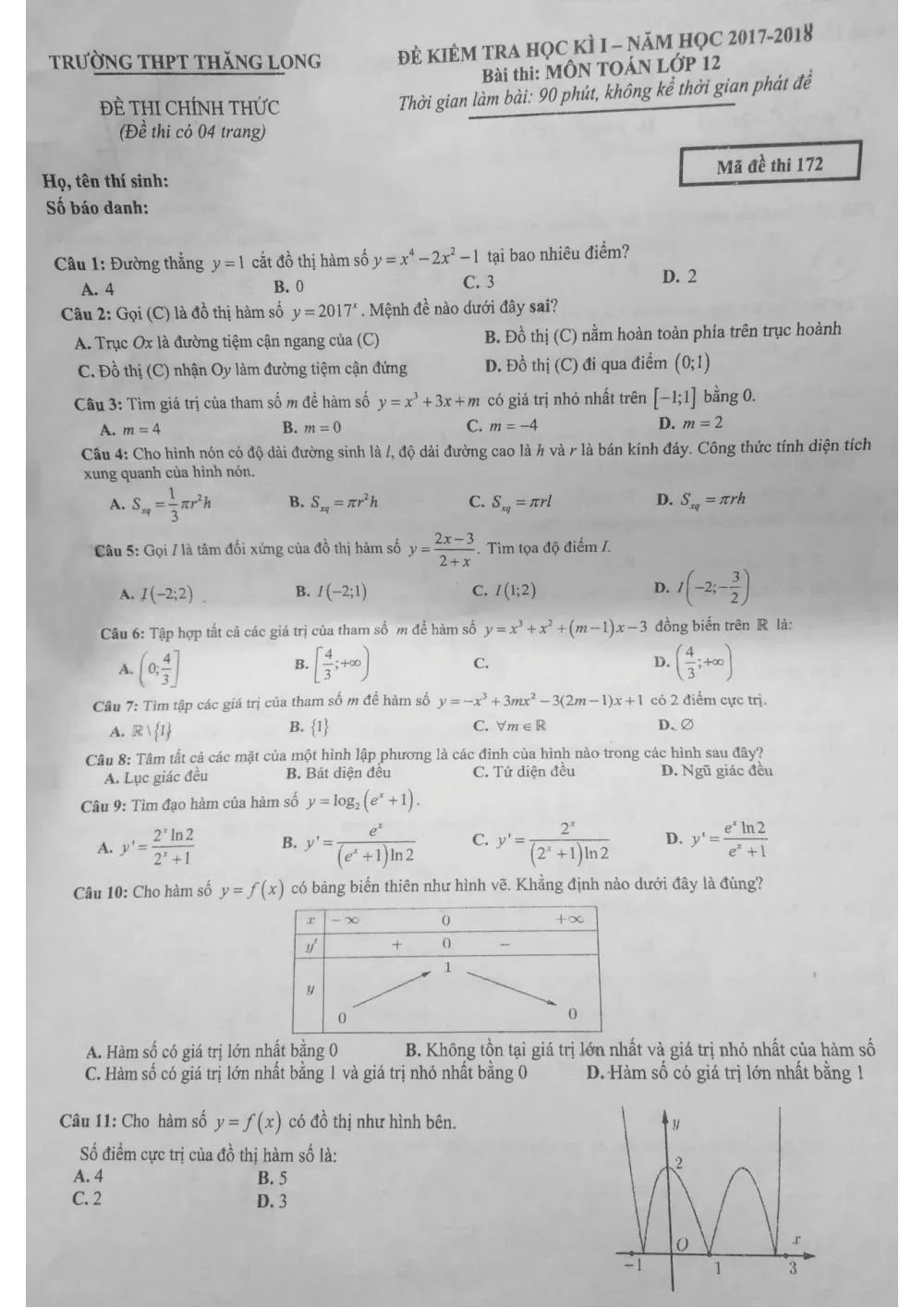 Xem trước trang 1 của "Đề HK1 Toán 12 - Năm học 2017-2018 - Trường THPT Thăng Long - Hà Nội"