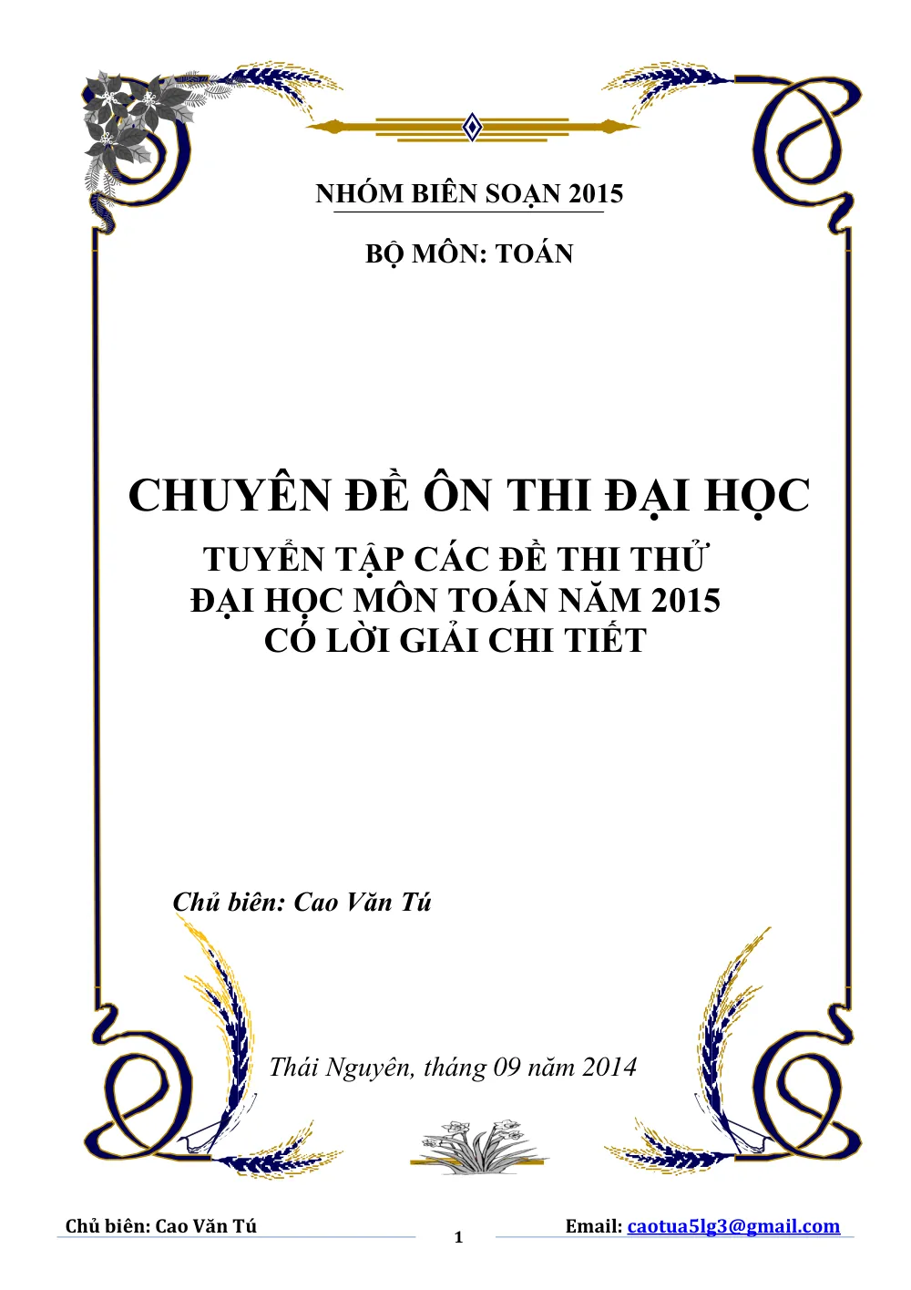 Xem trước trang 1 của "Tuyển Tập 10 Đề Thi Thử Quốc Gia Môn Toán 2015 - Cao Văn Tú - Thái Nguyên"