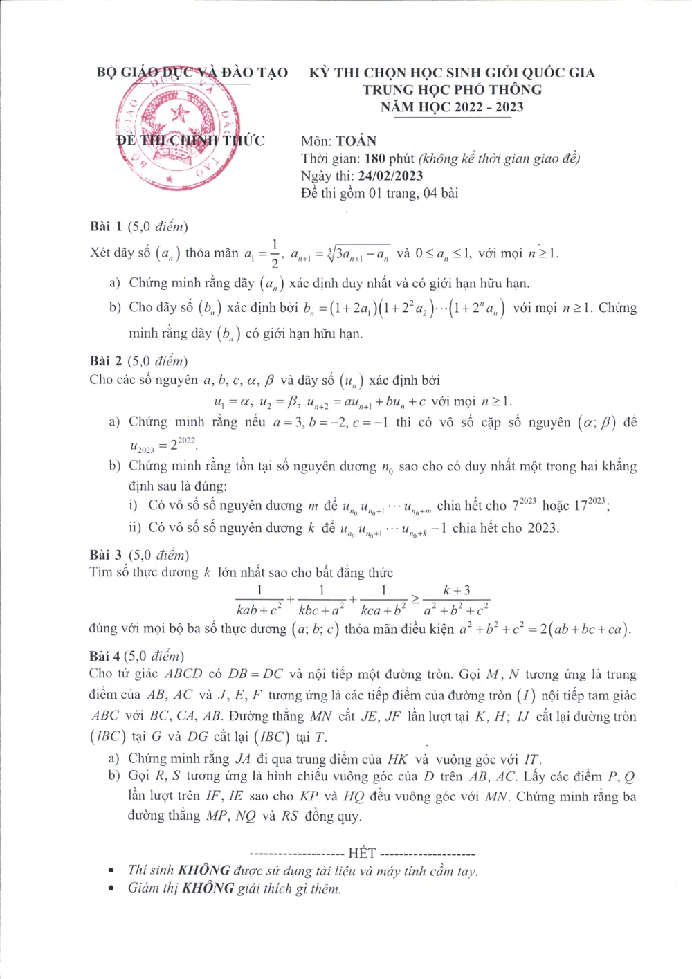 Xem trước trang 1 của "Đề thi chọn Học sinh giỏi Quốc gia môn Toán THPT - Năm học 2022-2023"