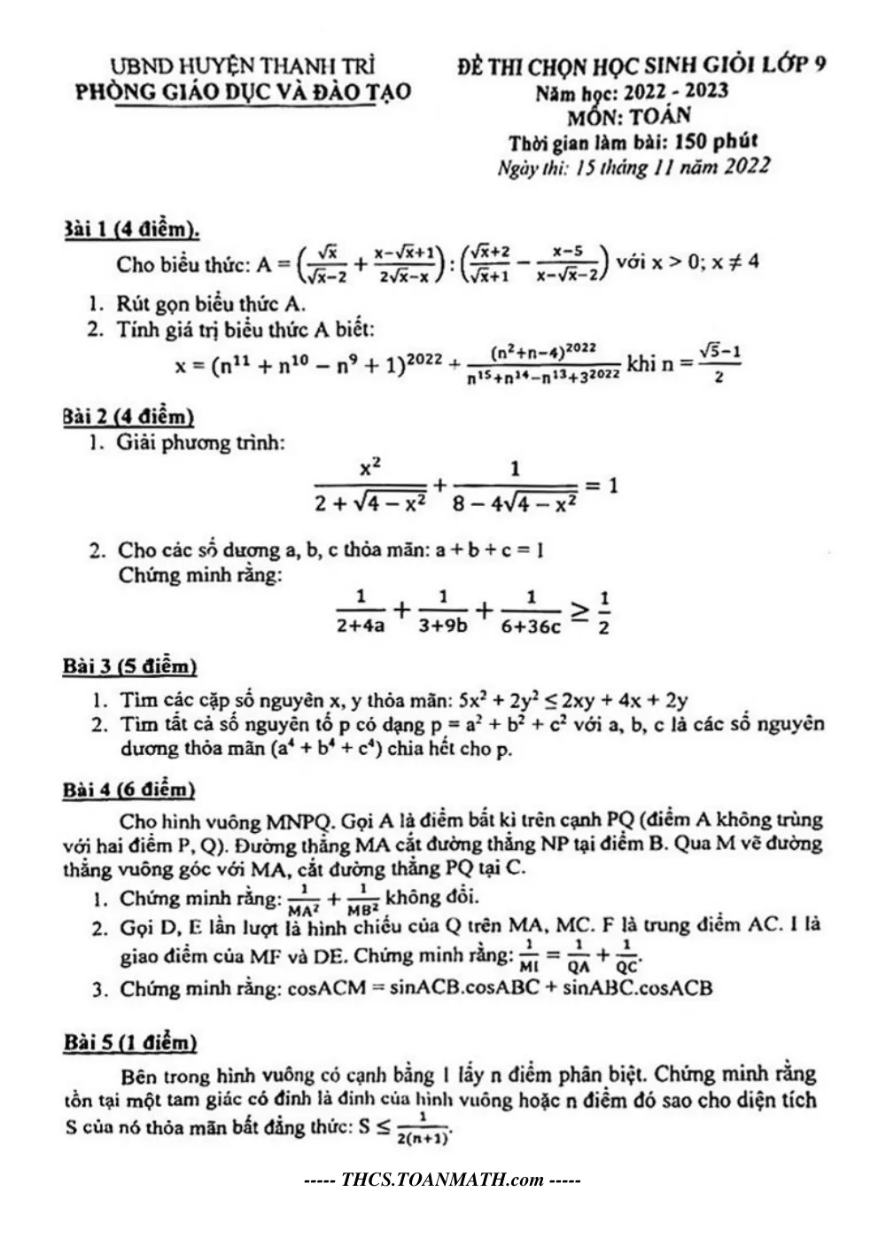 Xem trước trang 1 của "Đề học sinh giỏi Toán 9 năm 2022-2023 - Phòng GDĐT Thanh Trì - Hà Nội"