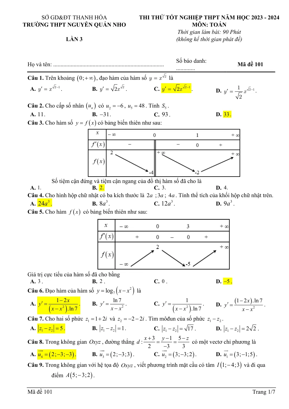 Xem trước trang 1 của "Đề thi thử Toán TN THPT 2024 Lần 3 - Trường THPT Nguyễn Quán Nho - Thanh Hóa"