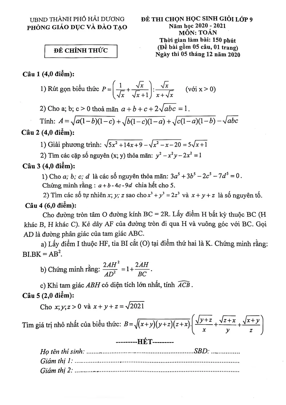 Xem trước trang 1 của "Đề thi chọn HSG Toán 9 năm 2020-2021 - Phòng GDĐT Thành phố Hải Dương"