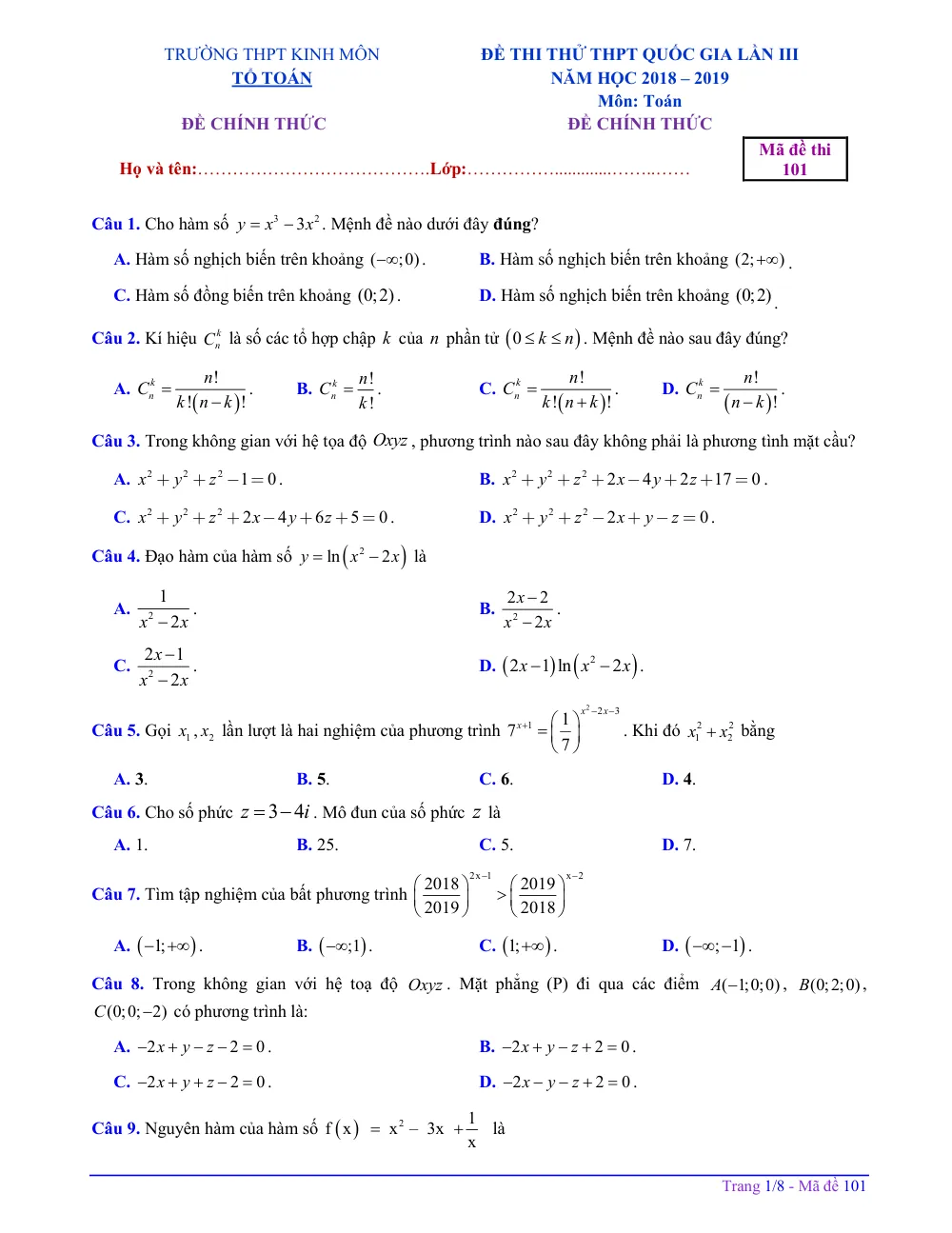 Xem trước trang 1 của "Đề Thi Thử Toán THPT Quốc Gia 2019 Lần 3 - Trường Kinh Môn - Hải Dương"
