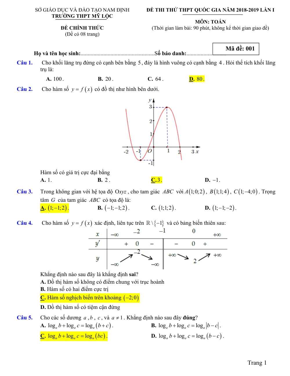 Xem trước trang 1 của "Đề Thi Thử Toán THPT Quốc Gia 2019 - Trường THPT Mỹ Lộc - Nam Định (Lần 1)"