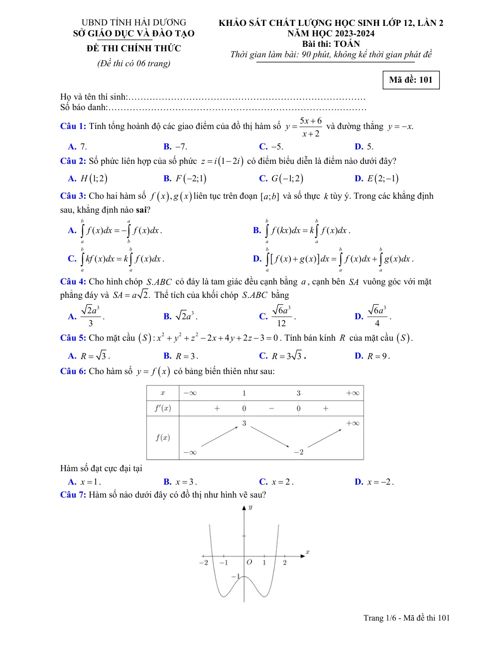 Xem trước trang 1 của "Khảo Sát Chất Lượng Học Sinh Lớp 12, Lần 2 - Môn Toán - Năm Học 2023-2024 (Sở GDĐT Hải Dương)"