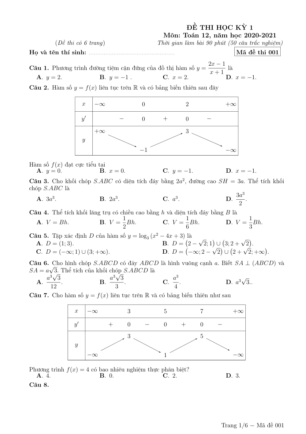 Xem trước trang 1 của "Đề thi Học kỳ 1 - Toán 12 - Năm học 2020-2021 - Trường THPT Nguyễn Thị Minh Khai - Hà Nội"