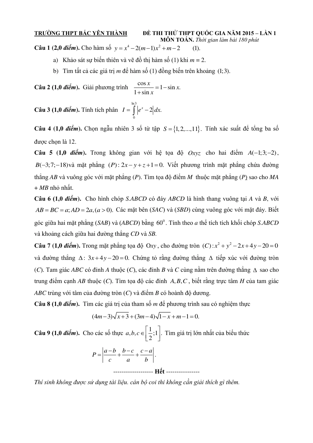 Xem trước trang 1 của "Đề Thi Thử THPT Quốc Gia 2015 - Môn Toán - Trường THPT Bắc Yên Thành - Lần 1"