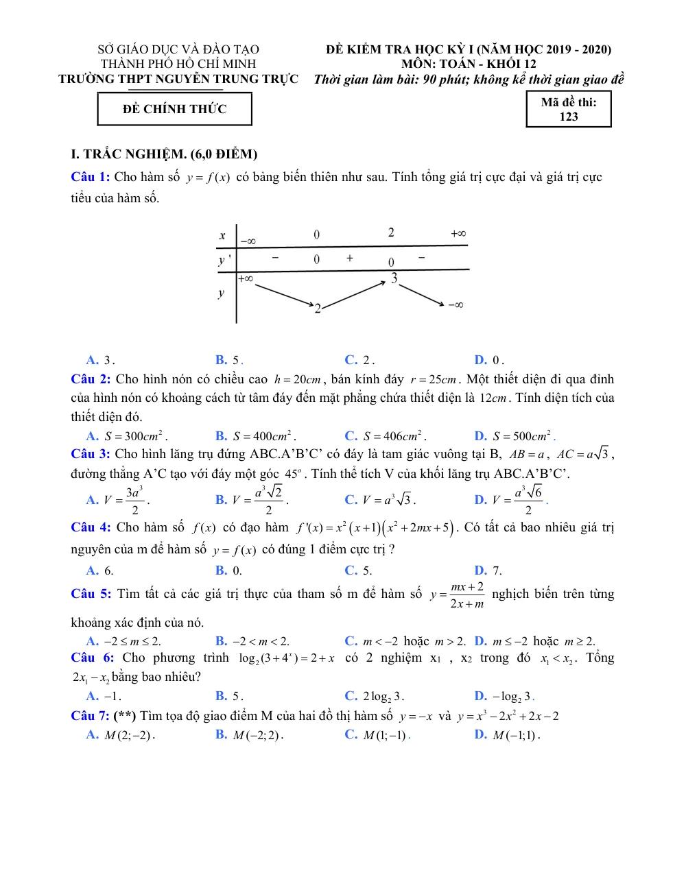 Xem trước trang 1 của "Đề Kiểm Tra Học Kỳ I - Toán 12 - Năm học 2019-2020 - Trường THPT Nguyễn Trung Trực - TP. Hồ Chí Minh"