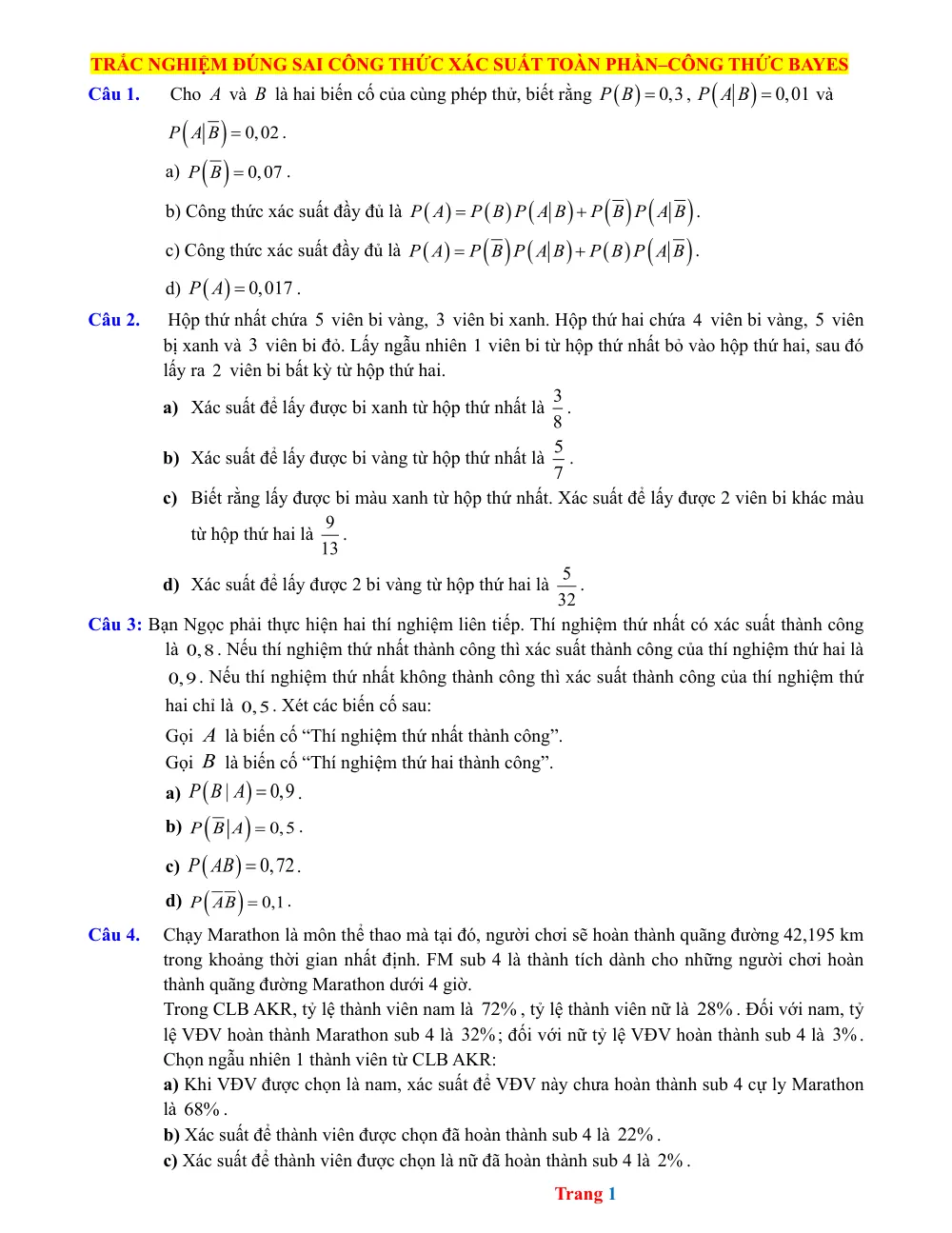 Xem trước trang 1 của "15 Câu trắc nghiệm Công thức Xác suất Toàn phần – Công thức Bayes (kèm lời giải chi tiết)"