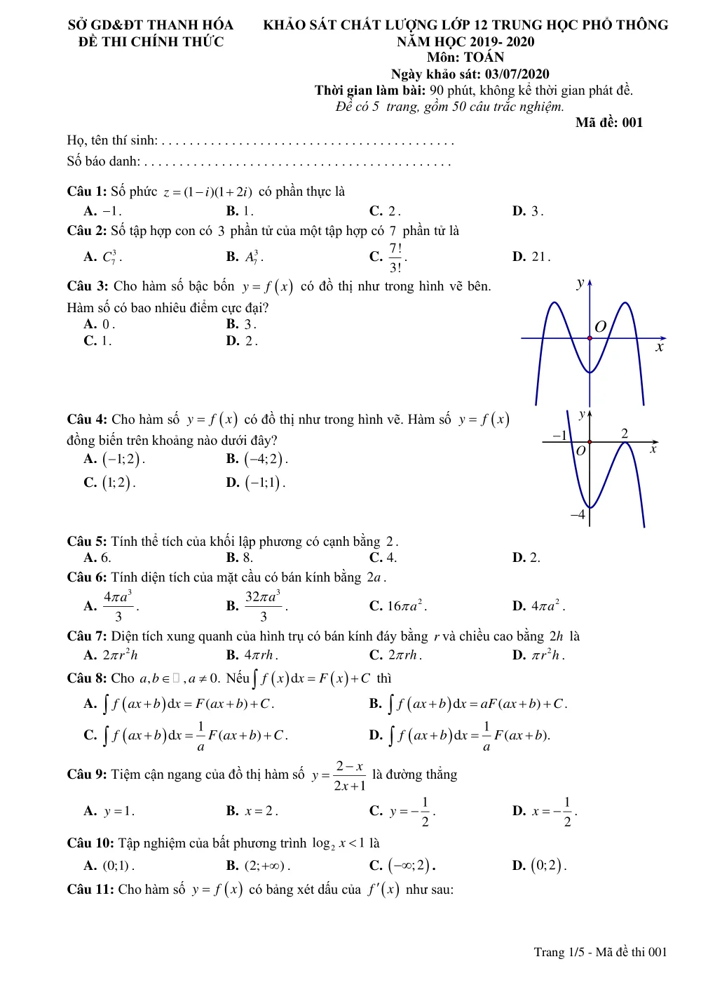 Xem trước trang 1 của "Khảo Sát Chất Lượng Toán 12 - Năm học 2019-2020 (Liên trường THPT Thanh Hóa)"