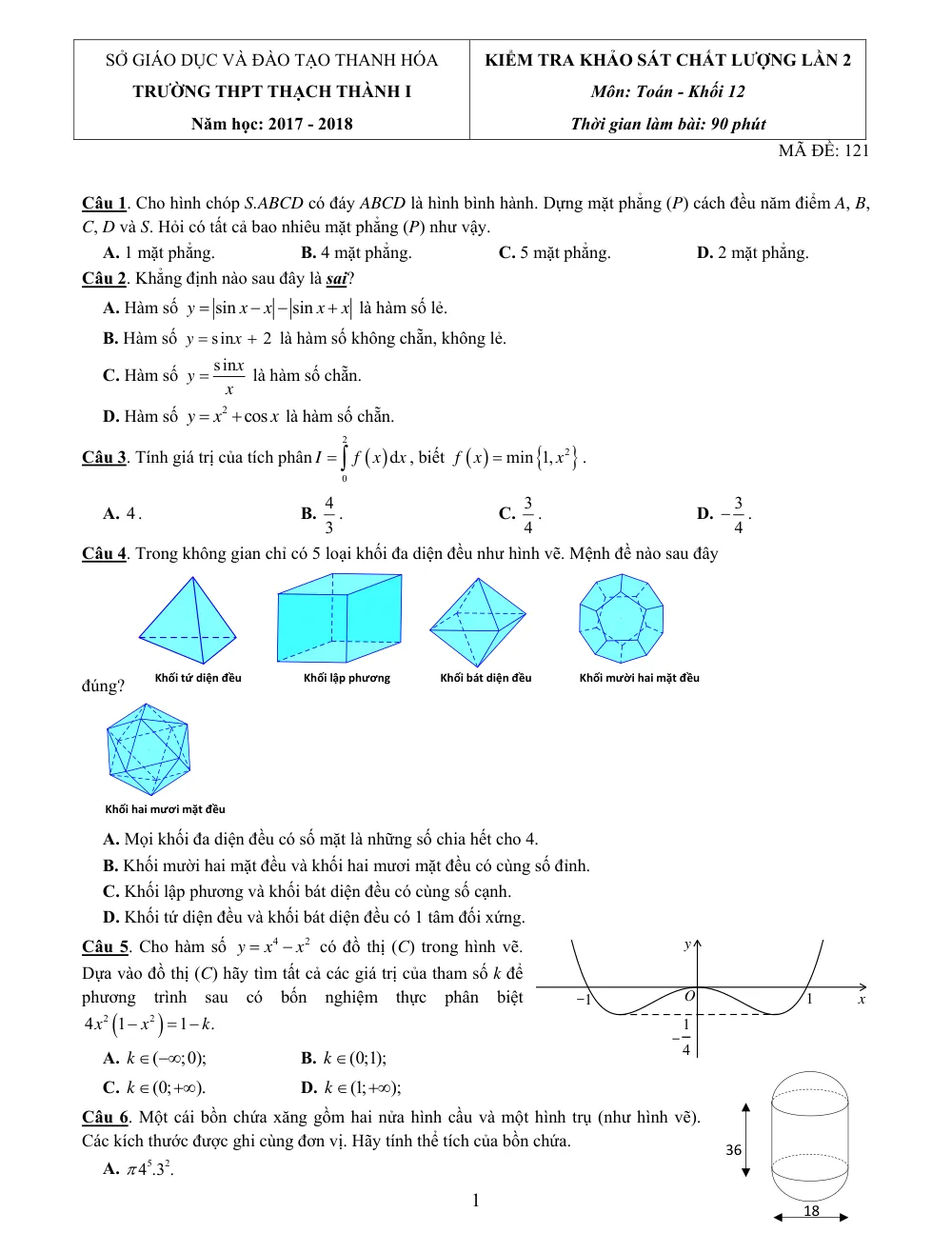Xem trước trang 1 của "Kiểm tra Khảo sát Chất lượng Toán 12 Lần 2 - Trường THPT Thạch Thành I - Năm học 2017-2018"