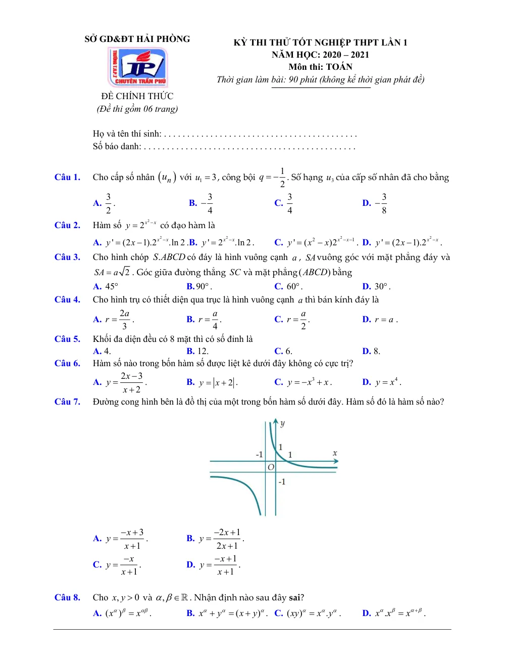 Xem trước trang 1 của "Đề thi thử Tốt nghiệp THPT 2021 Lần 1 - Trường THPT Chuyên Trần Phú - Hải Phòng"