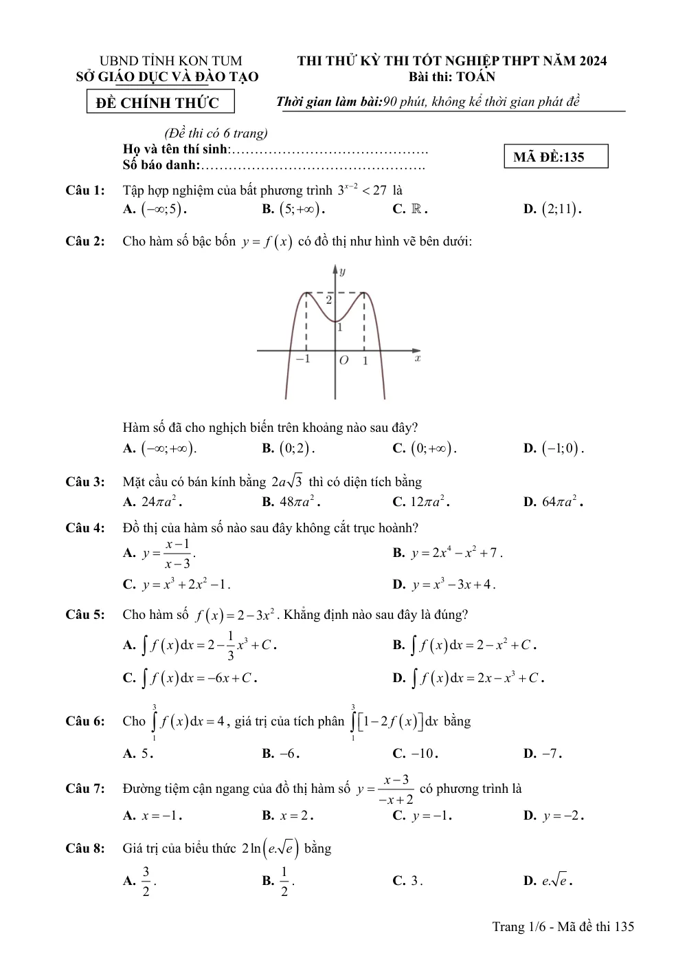 Xem trước trang 1 của "Đề Thi Thử Tốt Nghiệp THPT 2024 - Môn Toán - Sở GD&ĐT Kon Tum"