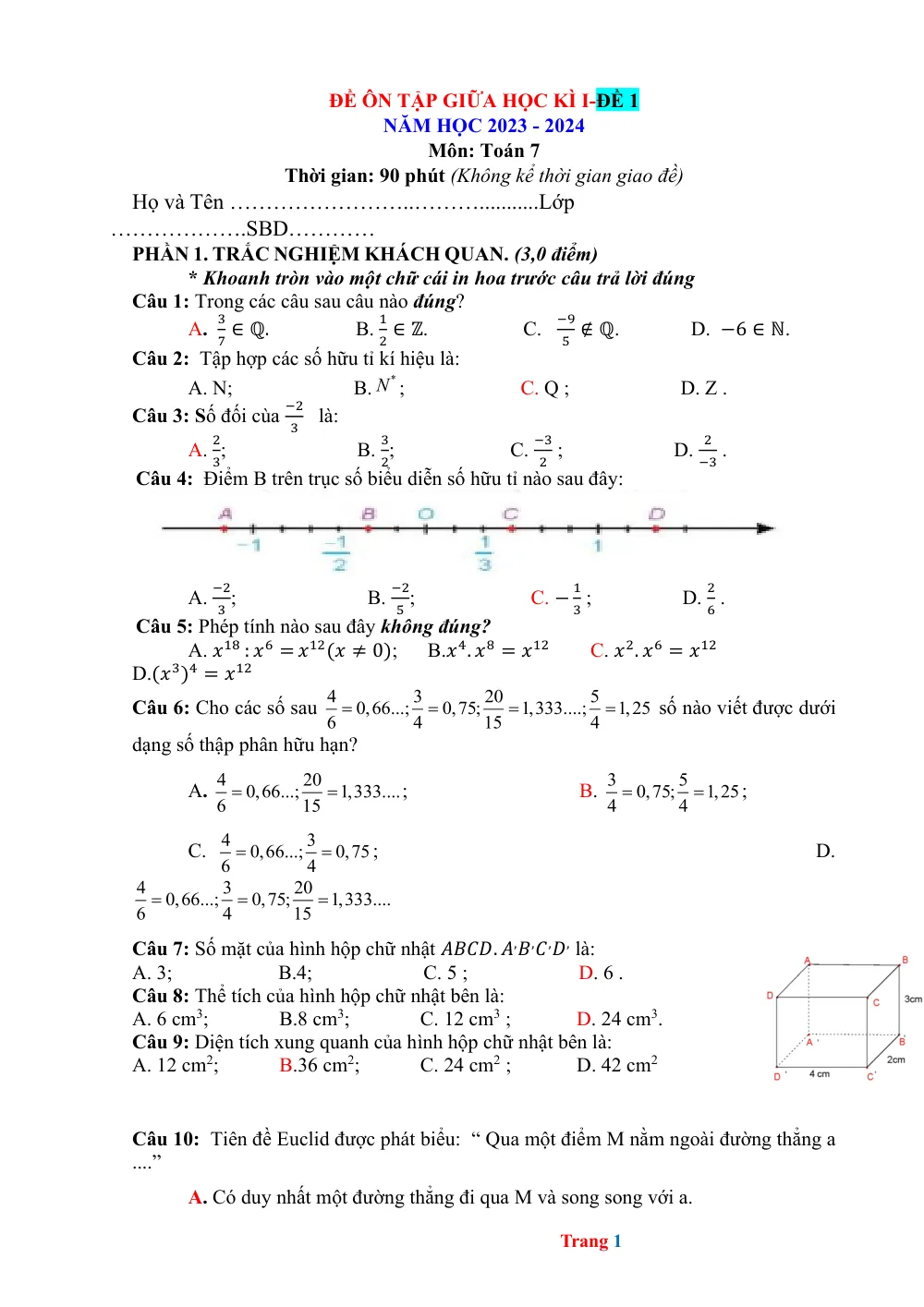 Xem trước trang 1 của "Đề Ôn Tập Giữa Học Kỳ I - Toán 7 - Năm học 2023-2024"