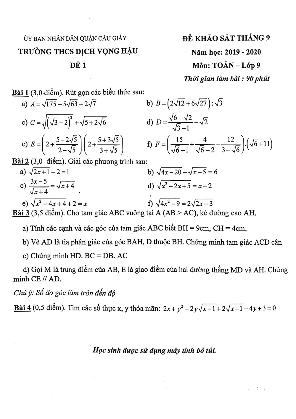 Xem trước trang 1 của "Đề Khảo Sát Toán 9 Tháng 9 Năm 2019-2020 - Trường Dịch Vọng Hậu - Hà Nội"