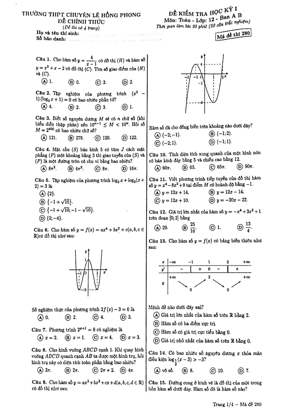Xem trước trang 1 của "Đề Kiểm Tra Học Kỳ 1 Toán 12 (Ban A, B) - Trường THPT Chuyên Lê Hồng Phong - TP. Hồ Chí Minh"