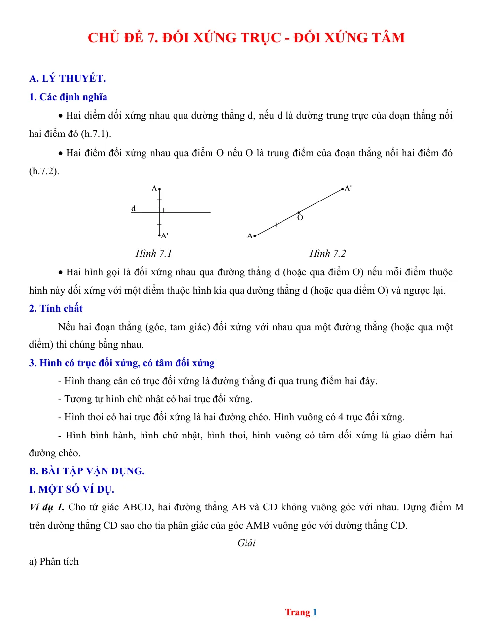 Xem trước trang 1 của "Toán 8 - Chủ đề 7: Đối xứng Trục - Đối xứng Tâm"
