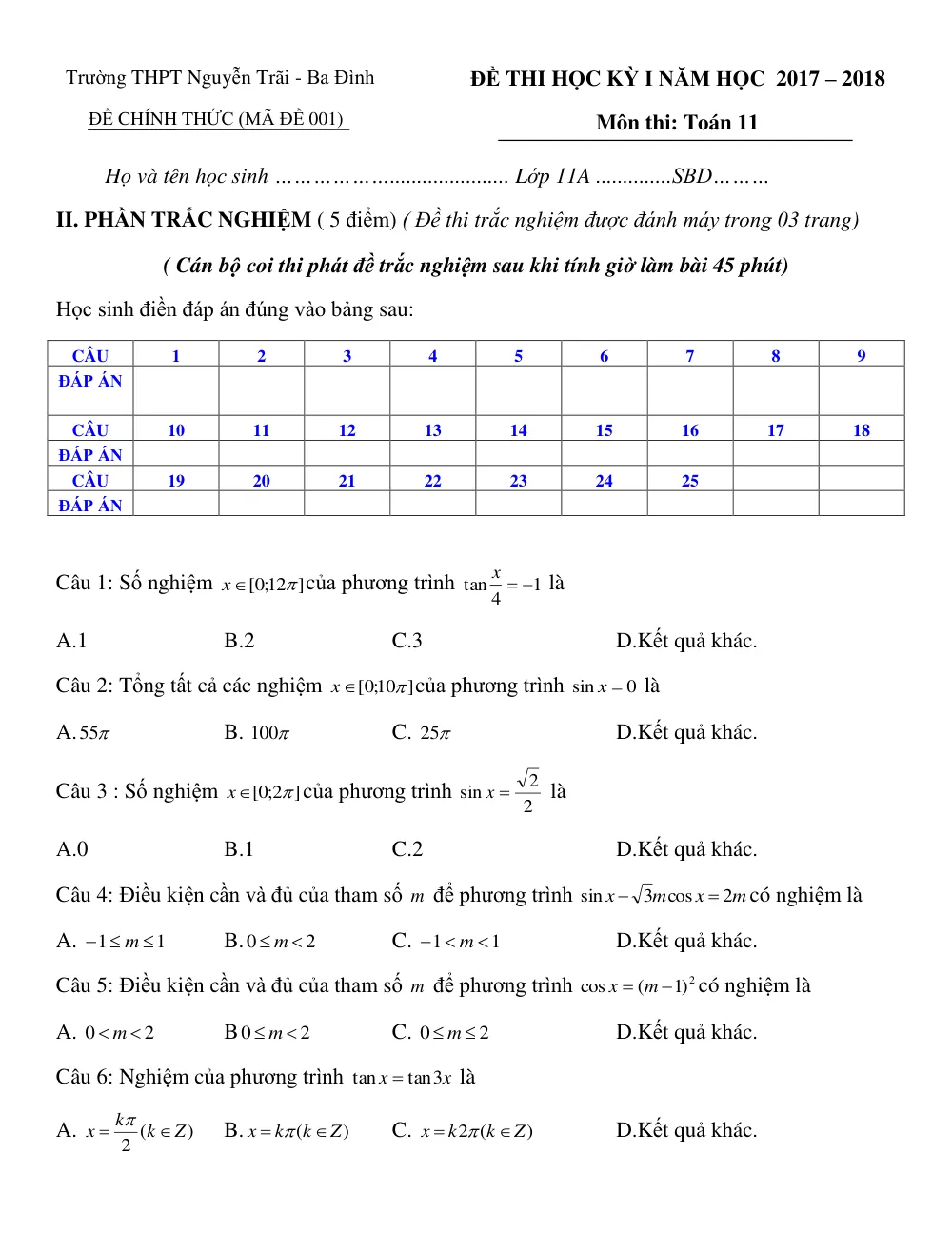 Xem trước trang 1 của "Đề thi Học kỳ 1 - Toán 11 - Năm học 2017-2018 - Trường THPT Nguyễn Trãi - Hà Nội"