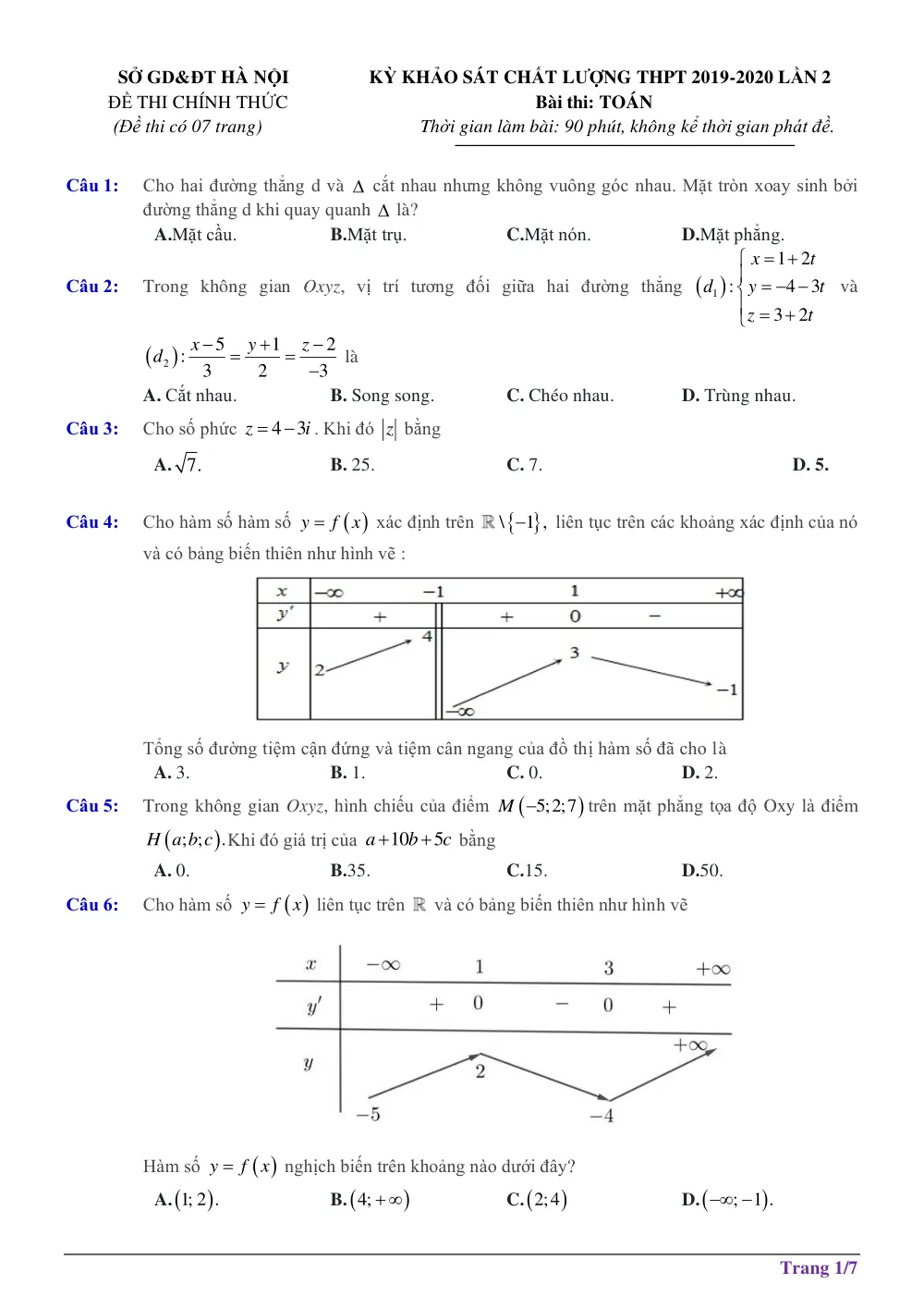Xem trước trang 1 của "Đề thi thử Tốt nghiệp THPT 2020 - Môn Toán Lần 2 - Sở GD&ĐT Hà Nội"