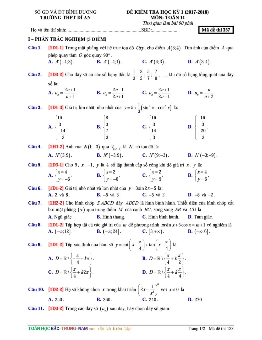 Xem trước trang 1 của "Đề Kiểm Tra Học Kỳ 1 Toán 11 - Năm học 2017-2018 - Trường THPT Dĩ An - Bình Dương"