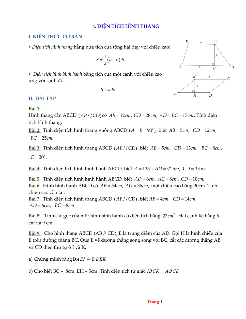 Xem trước trang 1 của "Bài tập Hình lớp 8: Diện tích hình thang"