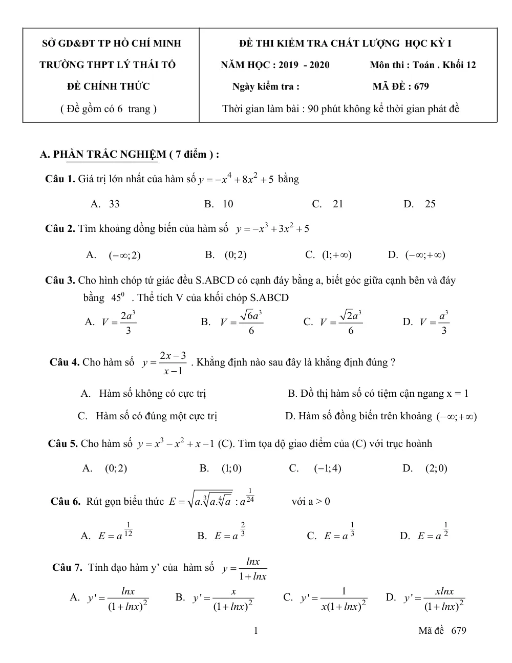 Xem trước trang 1 của "Đề Thi Học Kỳ 1 Toán 12 - Trường THPT Lý Thái Tổ - Năm học 2019-2020 - TP. Hồ Chí Minh"