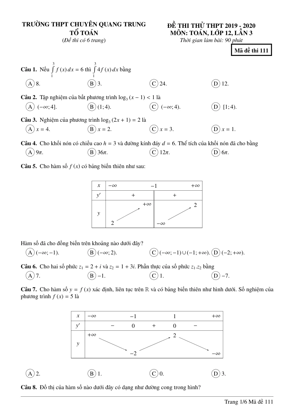 Xem trước trang 1 của "Đề Thi Thử THPT 2020 - Môn Toán Lần 3 - Trường THPT Chuyên Quang Trung - Lớp 12 - Bình Phước"