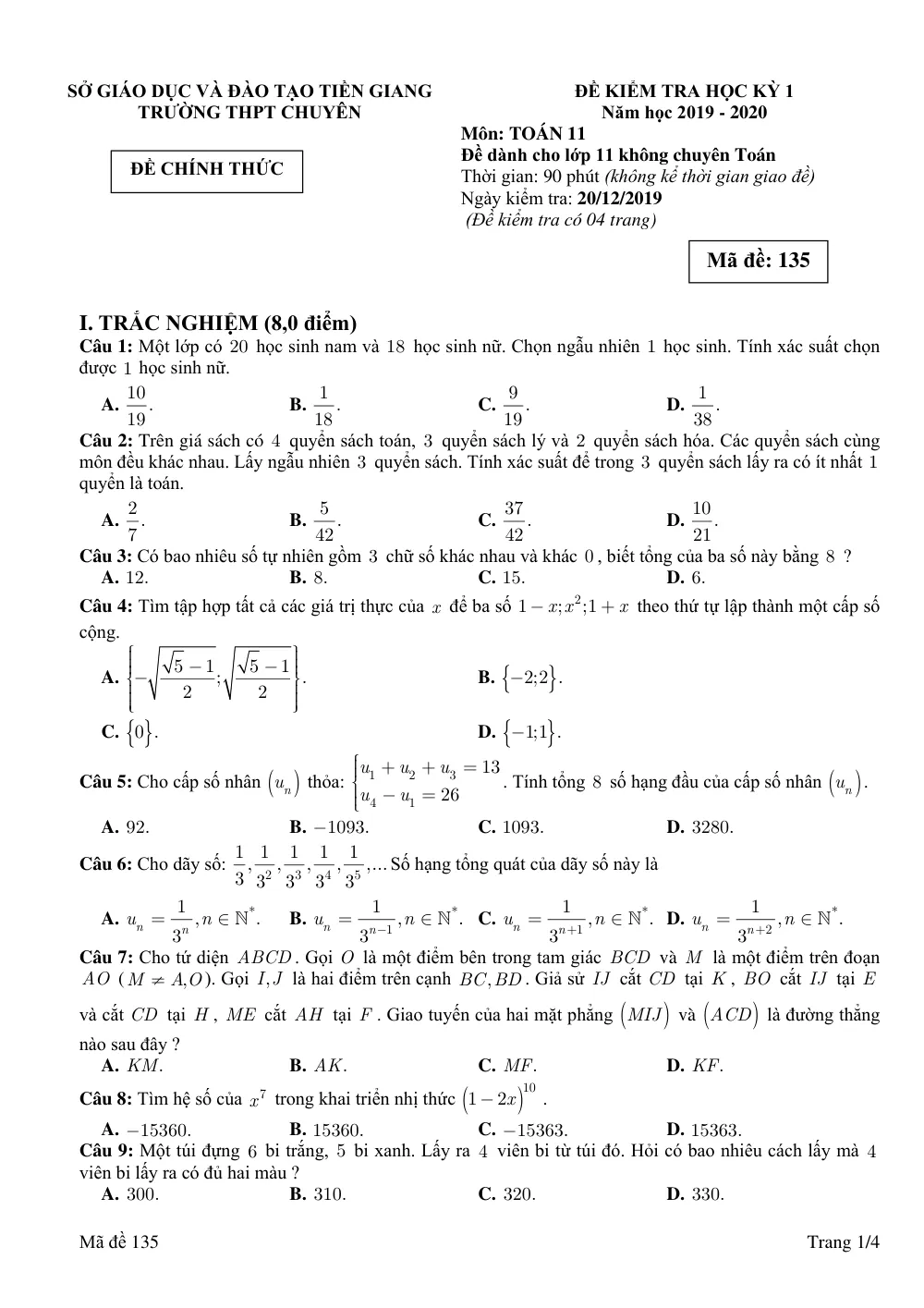 Xem trước trang 1 của "Đề Kiểm Tra Học Kỳ 1 Toán 11 - Năm học 2019-2020 - Trường THPT Chuyên Tiền Giang"