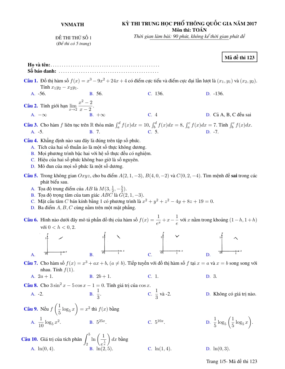 Xem trước trang 1 của "Đề thi thử THPT Quốc gia 2017 - Môn Toán - VNMath Lần 1"