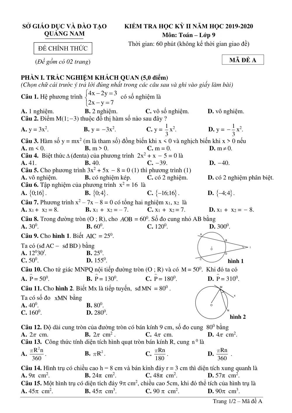 Xem trước trang 1 của "Đề Thi Học Kỳ 2 Toán 9 - Năm học 2019-2020 - Quảng Nam"