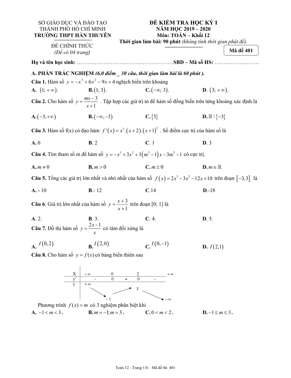 Xem trước trang 1 của "Đề Kiểm Tra Học Kỳ 1 Toán 12 - Trường THPT Hàn Thuyên - TP. Hồ Chí Minh (2019-2020)"