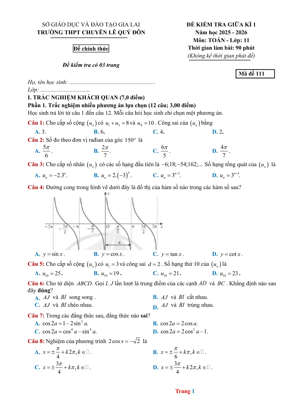 Xem trước trang 1 của "Đề kiểm tra giữa HK1 Toán 11 - Trường THPT Chuyên Lê Quý Đôn - Năm học 2025-2026 - Gia Lai"