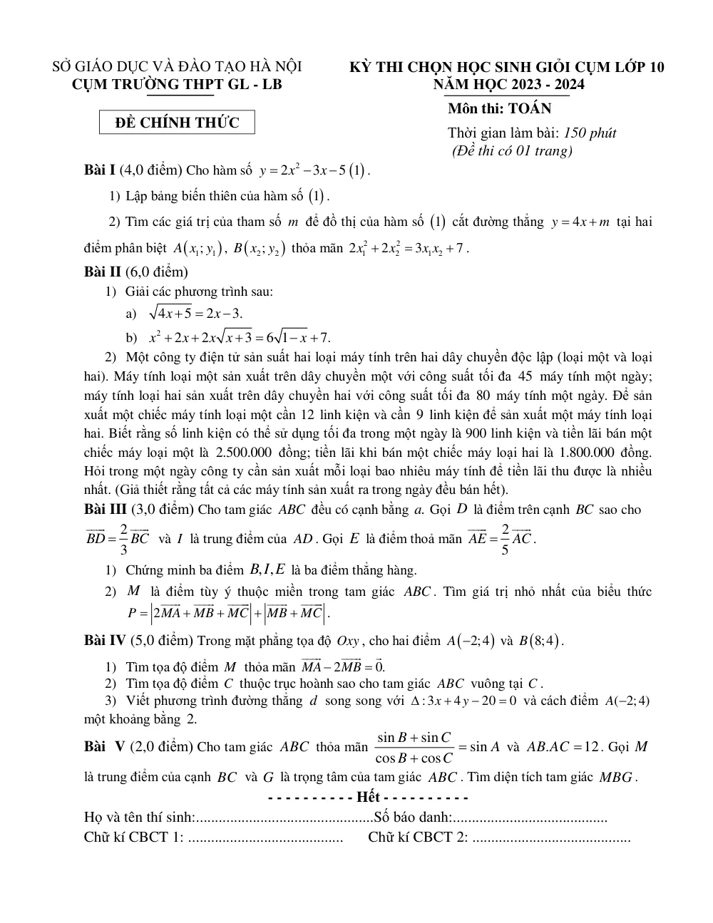 Xem trước trang 1 của "Đề thi chọn Học sinh Giỏi Toán lớp 10 - Cụm trường THPT Gia Lâm - Long Biên - Hà Nội (Năm học 2023-2024)"
