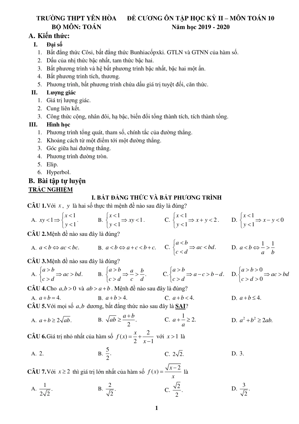 Xem trước trang 1 của "Đề Cương Ôn Tập Học Kỳ 2 - Toán 10 - Năm học 2019-2020 - Trường THPT Yên Hòa - Hà Nội"