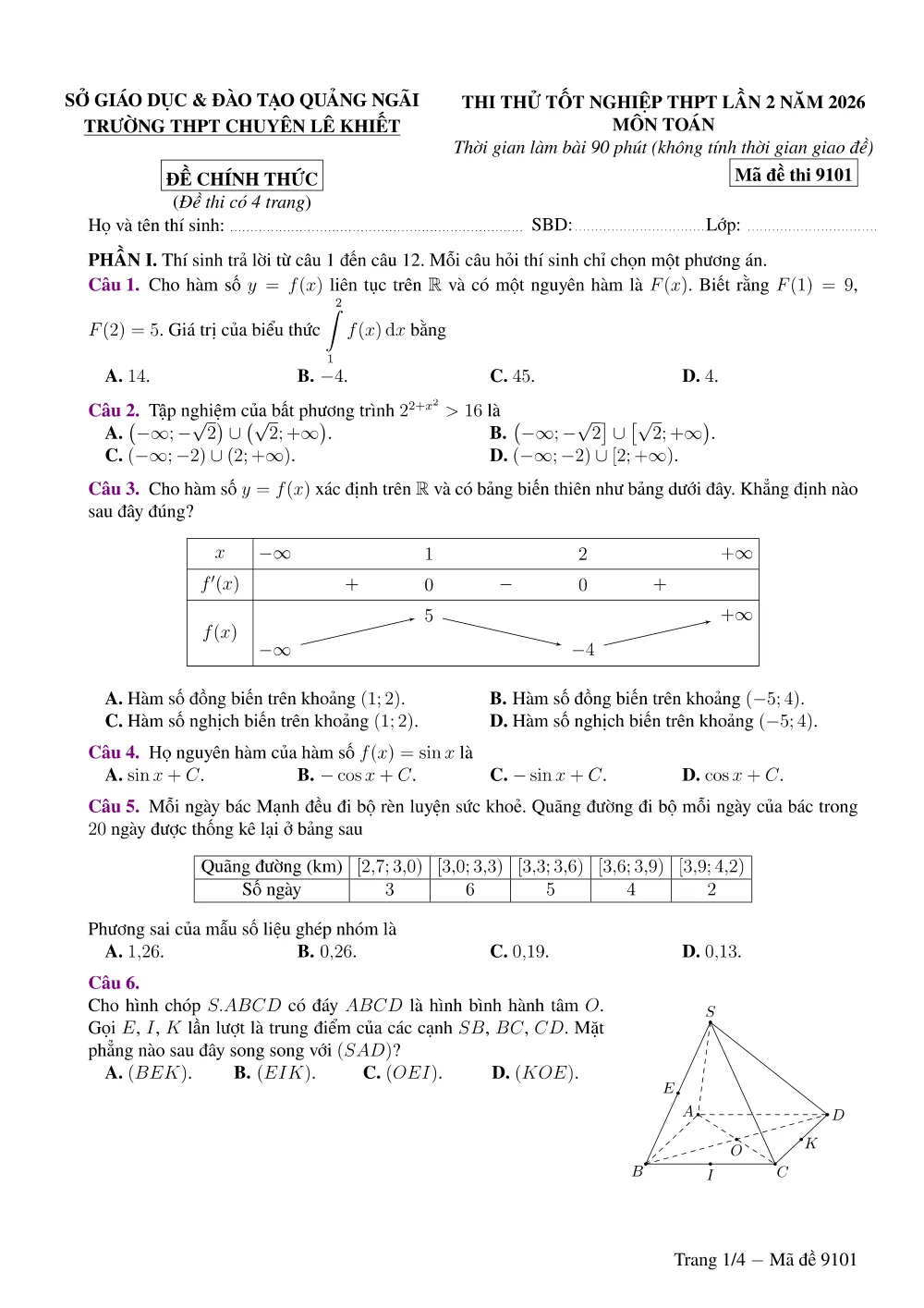 Xem trước trang 1 của "Đề Thi Thử TN THPT 2026 - Môn Toán Lần 2 - Trường Chuyên Lê Khiết - Quảng Ngãi"