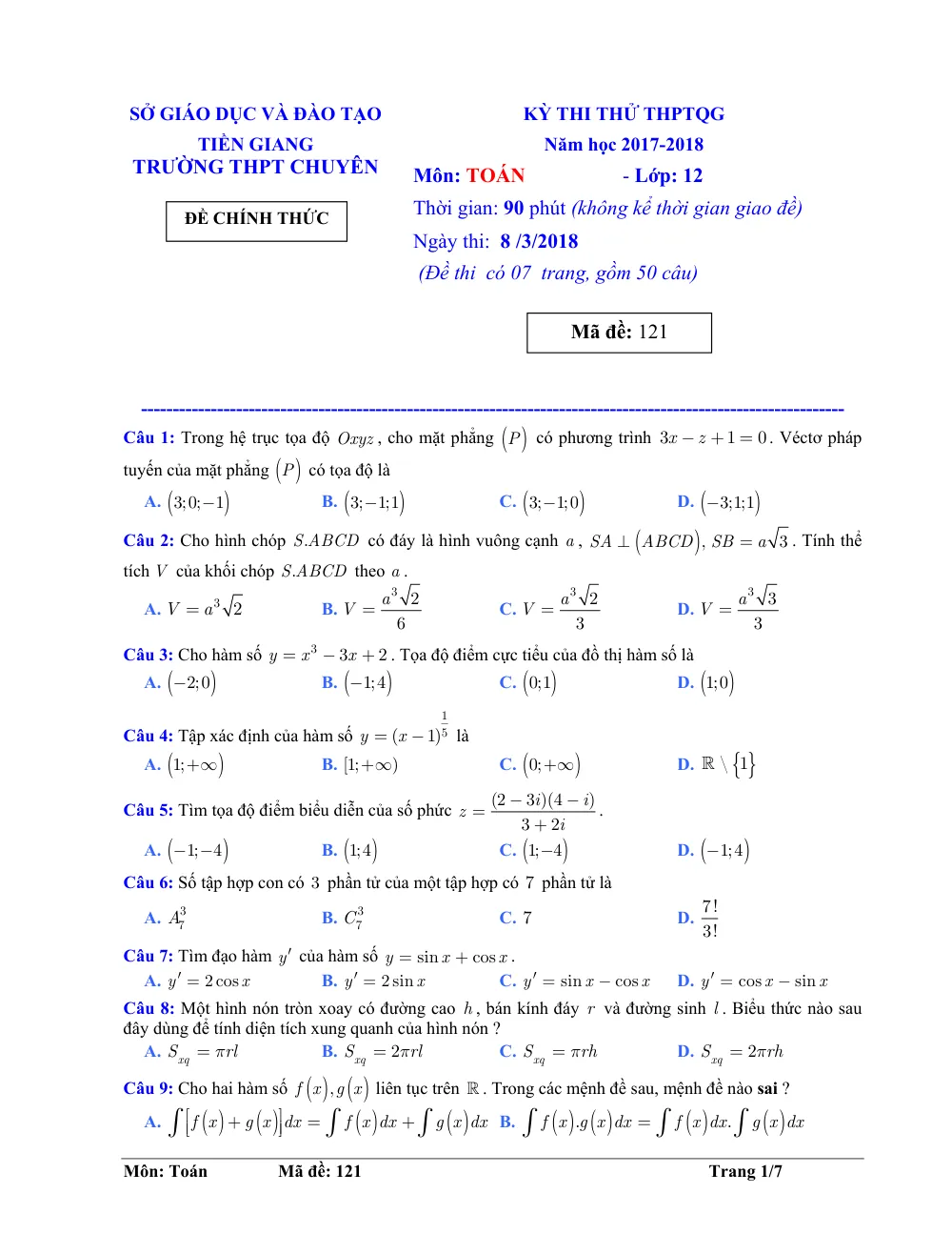 Xem trước trang 1 của "Đề Thi Thử THPTQG 2018 - Môn Toán Lớp 12 - Trường THPT Chuyên Tiền Giang"