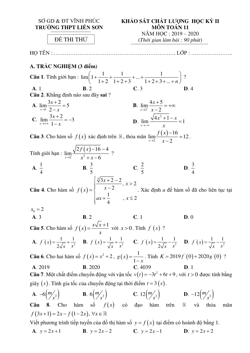 Xem trước trang 1 của "Khảo Sát Chất Lượng Học Kỳ II Toán 11 Năm Học 2019-2020 - Trường THPT Liễn Sơn - Vĩnh Phúc"