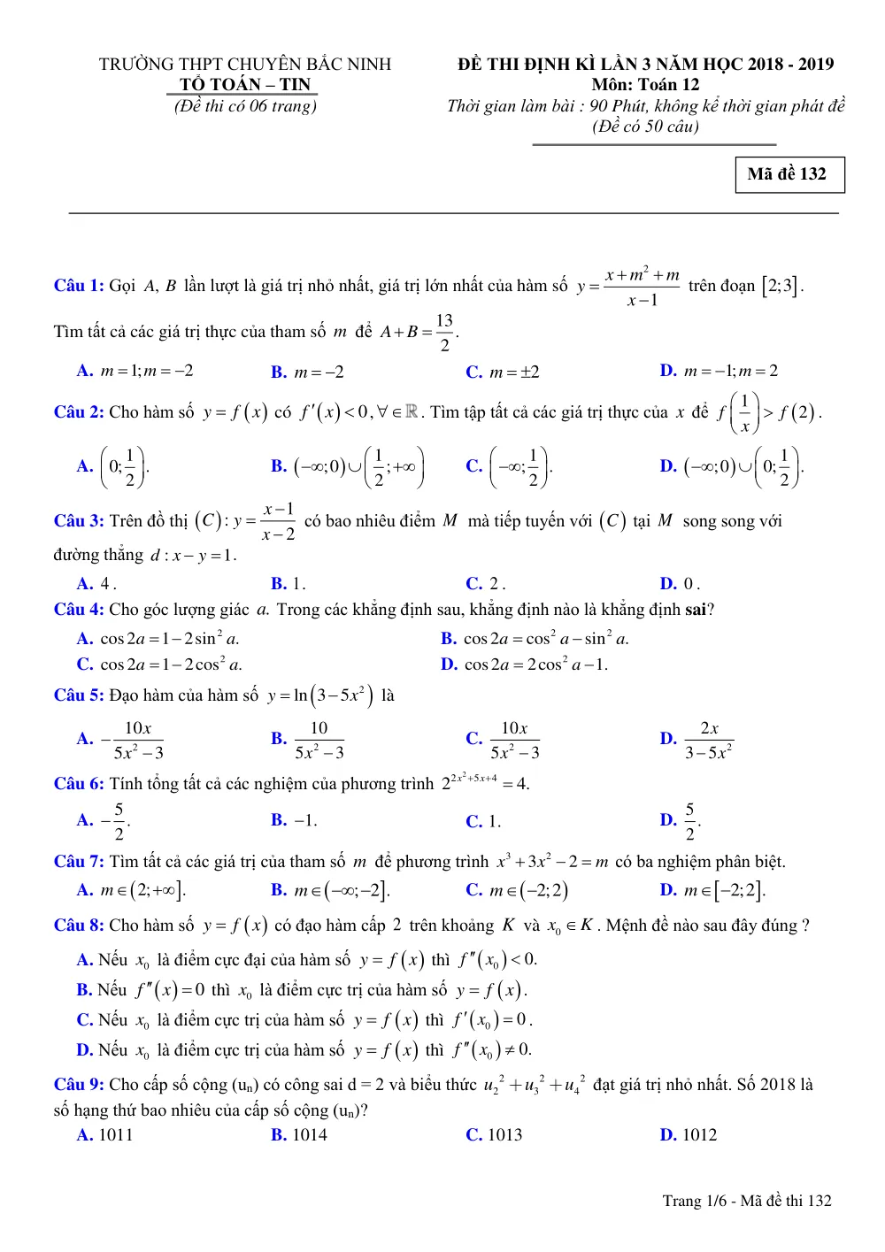 Xem trước trang 1 của "Đề Thi Định Kỳ Lần 3 - Toán 12 - Năm học 2018-2019 - Trường THPT Chuyên Bắc Ninh"